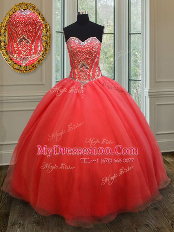 Classical Floor Length Ball Gowns Sleeveless Coral Red Vestidos de Quinceanera Lace Up