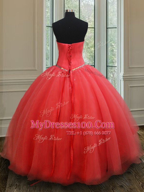 Classical Floor Length Ball Gowns Sleeveless Coral Red Vestidos de Quinceanera Lace Up