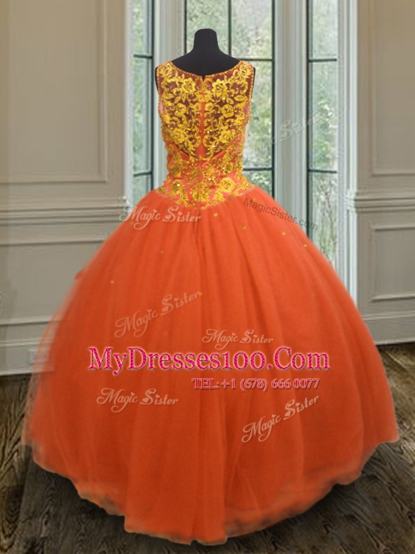 Low Price Orange Red Ball Gowns V-neck Sleeveless Tulle Floor Length Zipper Beading Quinceanera Gowns