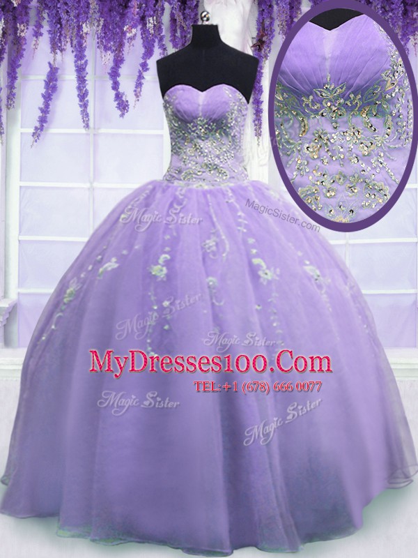 Charming Lavender Ball Gowns Organza Sweetheart Sleeveless Beading Floor Length Zipper Ball Gown Prom Dress
