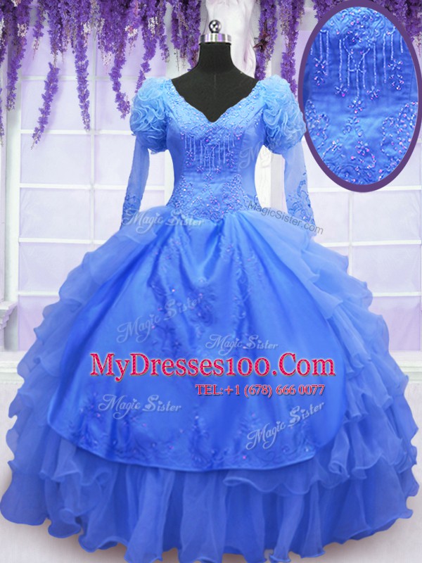 Pretty Blue One Shoulder Lace Up Beading and Embroidery and Hand Made Flower Sweet 16 Dresses Long Sleeves