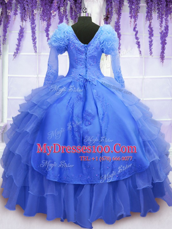 Pretty Blue One Shoulder Lace Up Beading and Embroidery and Hand Made Flower Sweet 16 Dresses Long Sleeves
