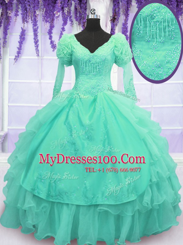 Turquoise Long Sleeves Organza Lace Up 15 Quinceanera Dress for Military Ball and Sweet 16 and Quinceanera