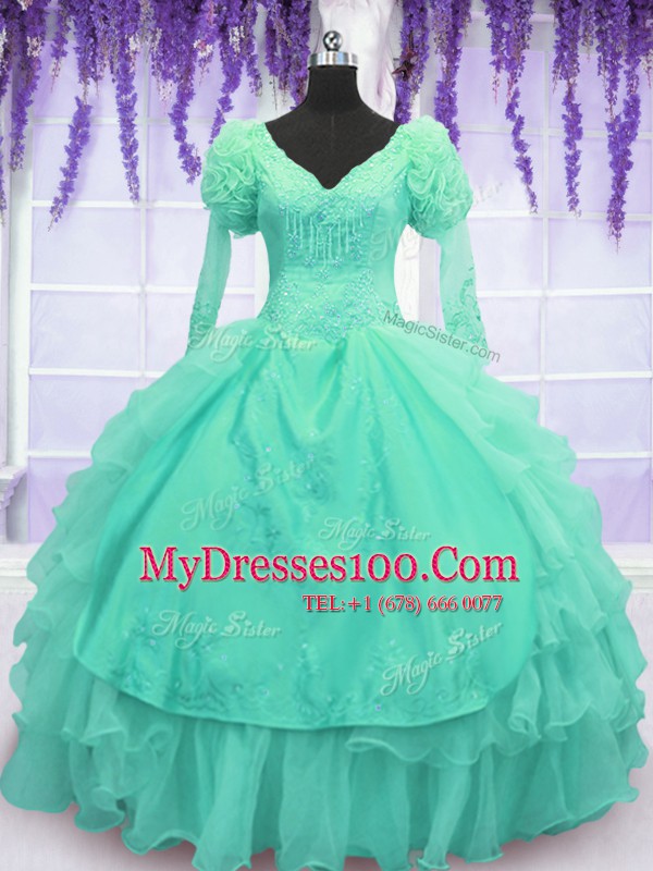 Turquoise Long Sleeves Organza Lace Up 15 Quinceanera Dress for Military Ball and Sweet 16 and Quinceanera