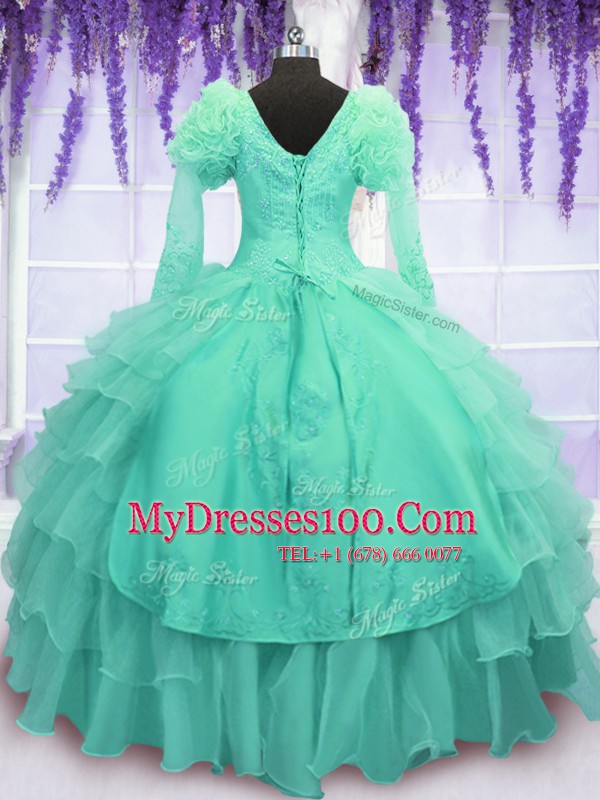 Turquoise Long Sleeves Organza Lace Up 15 Quinceanera Dress for Military Ball and Sweet 16 and Quinceanera