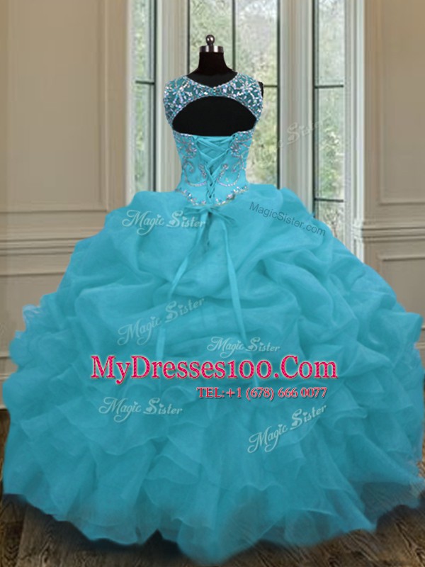 Fancy Pick Ups Scoop Sleeveless Lace Up Sweet 16 Quinceanera Dress Baby Blue Organza