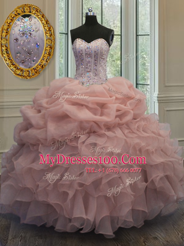 Fantastic Floor Length Baby Pink 15th Birthday Dress Organza Sleeveless Beading and Pick Ups