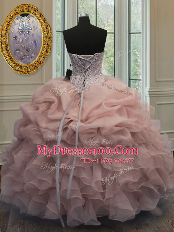 Fantastic Floor Length Baby Pink 15th Birthday Dress Organza Sleeveless Beading and Pick Ups