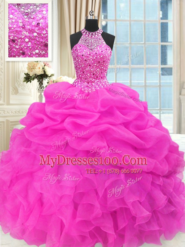 Simple Beading and Pick Ups Quinceanera Dresses Hot Pink Lace Up Sleeveless Floor Length