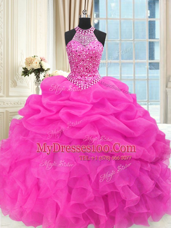 Simple Beading and Pick Ups Quinceanera Dresses Hot Pink Lace Up Sleeveless Floor Length