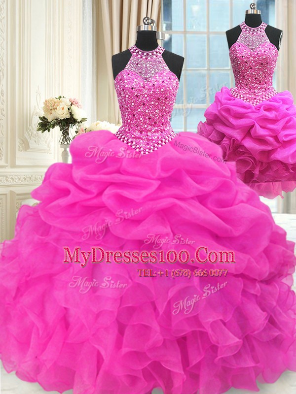 Discount Three Piece Floor Length Lace Up Quinceanera Gown Hot Pink for Military Ball and Sweet 16 and Quinceanera with Beading and Pick Ups