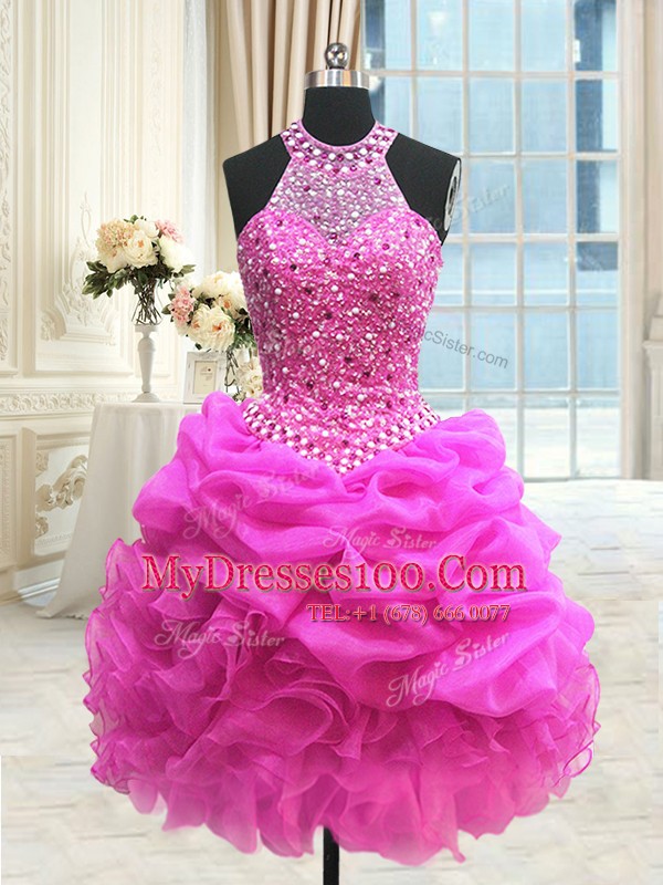 Discount Three Piece Floor Length Lace Up Quinceanera Gown Hot Pink for Military Ball and Sweet 16 and Quinceanera with Beading and Pick Ups