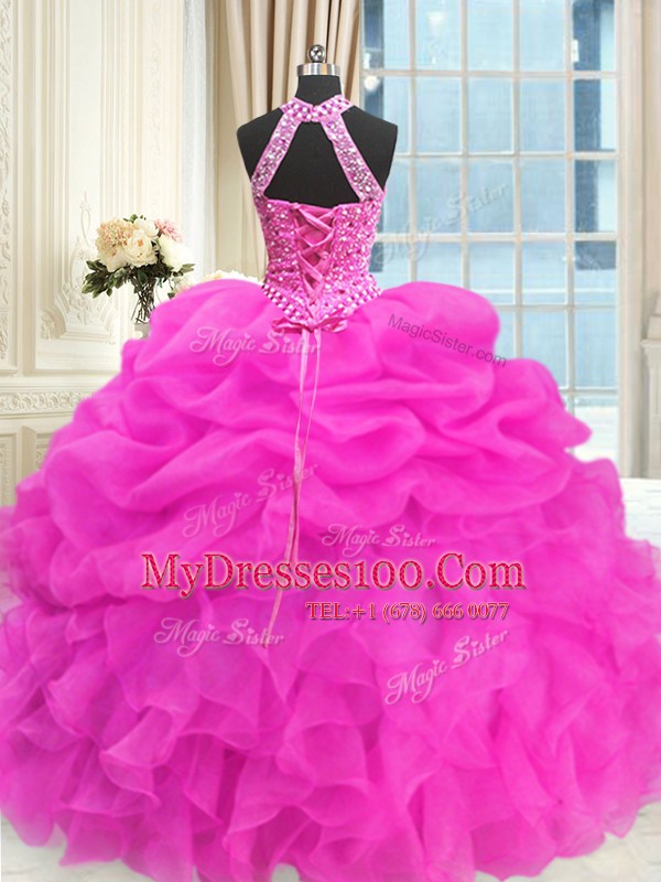 Discount Three Piece Floor Length Lace Up Quinceanera Gown Hot Pink for Military Ball and Sweet 16 and Quinceanera with Beading and Pick Ups
