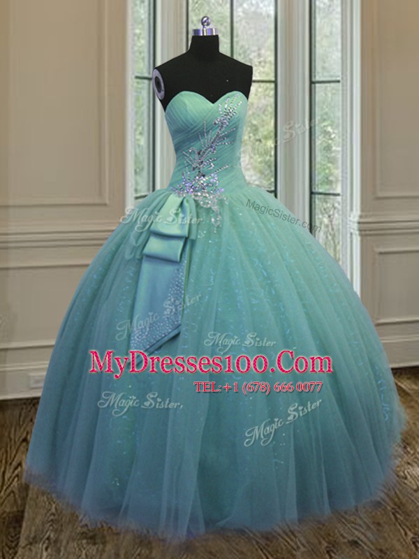 Nice Sleeveless Floor Length Beading and Ruching and Bowknot Lace Up Vestidos de Quinceanera with Turquoise