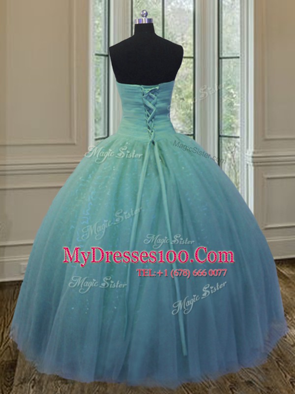 Nice Sleeveless Floor Length Beading and Ruching and Bowknot Lace Up Vestidos de Quinceanera with Turquoise