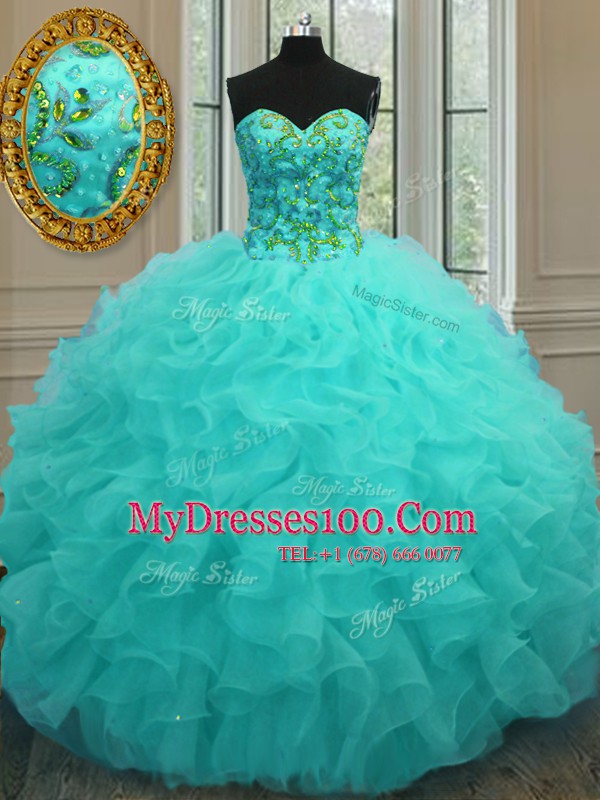 Sleeveless Lace Up Floor Length Beading and Ruffles 15th Birthday Dress