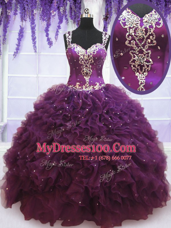 Straps Floor Length Zipper 15 Quinceanera Dress Purple for Military Ball and Sweet 16 and Quinceanera with Beading and Ruffles