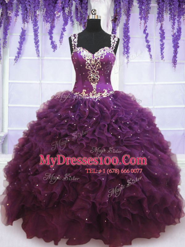 Straps Floor Length Zipper 15 Quinceanera Dress Purple for Military Ball and Sweet 16 and Quinceanera with Beading and Ruffles