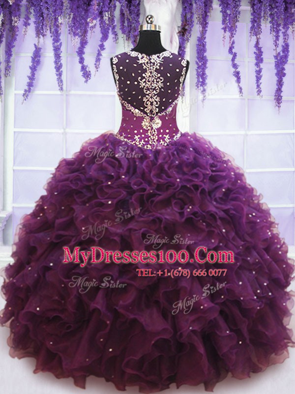 Straps Floor Length Zipper 15 Quinceanera Dress Purple for Military Ball and Sweet 16 and Quinceanera with Beading and Ruffles