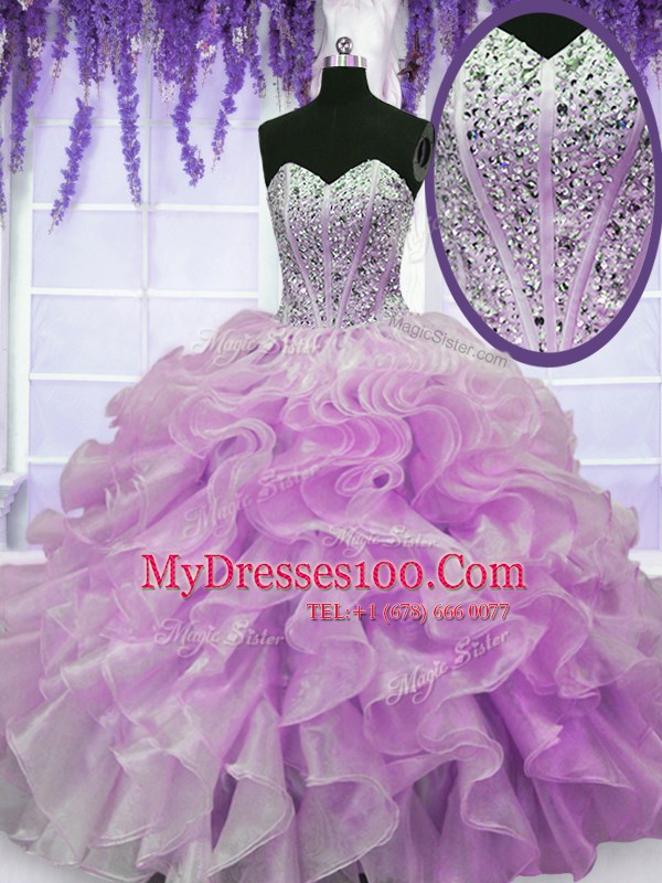 Organza Sweetheart Sleeveless Zipper Beading and Ruffles Sweet 16 Dress in Lilac