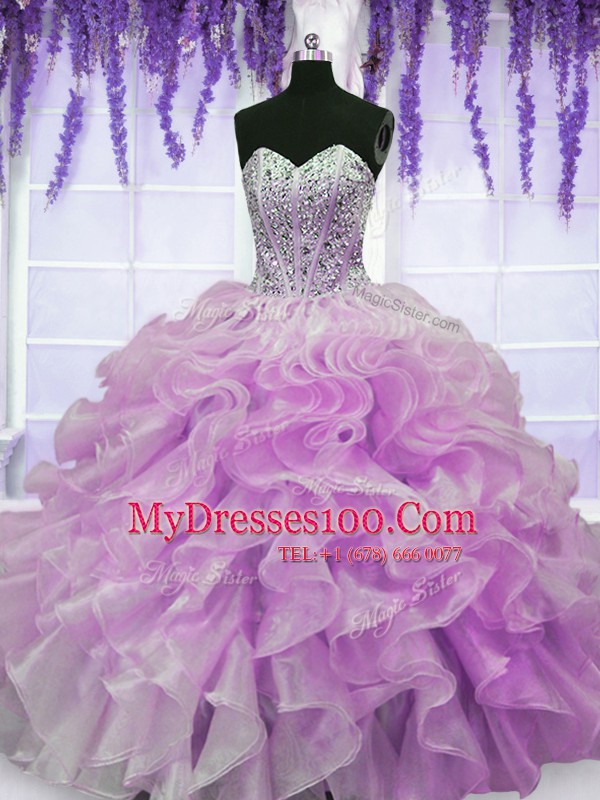 Organza Sweetheart Sleeveless Zipper Beading and Ruffles Sweet 16 Dress in Lilac