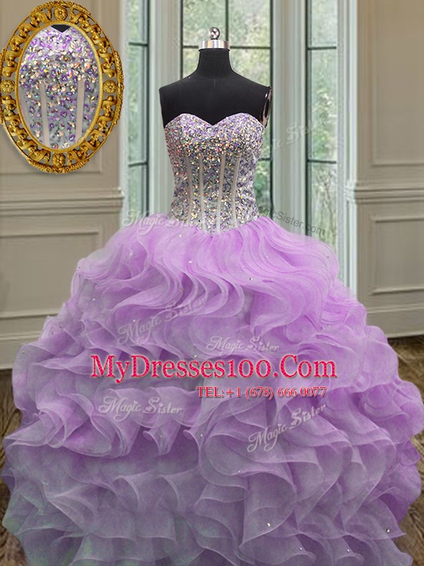 Fashionable Floor Length Lilac Ball Gown Prom Dress Organza Sleeveless Beading and Ruffles