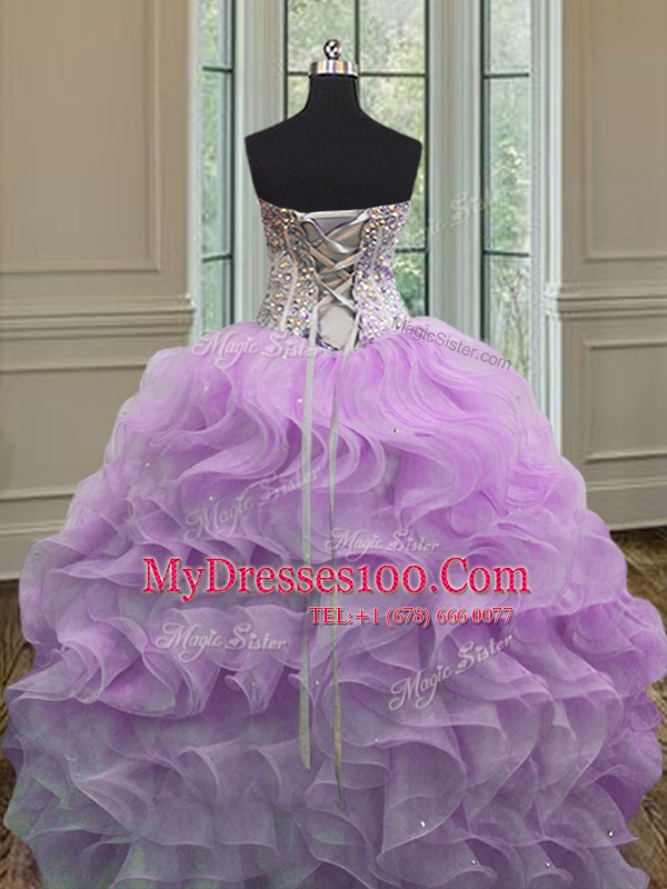 Fashionable Floor Length Lilac Ball Gown Prom Dress Organza Sleeveless Beading and Ruffles