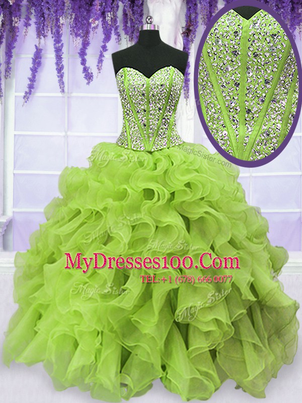 Adorable Sleeveless Floor Length Beading and Ruffles Lace Up Quinceanera Gown with Yellow Green