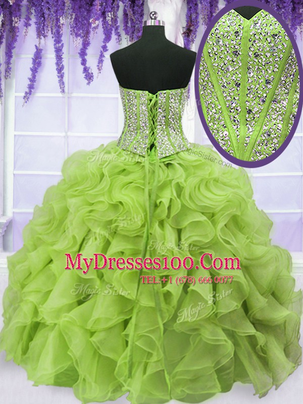Adorable Sleeveless Floor Length Beading and Ruffles Lace Up Quinceanera Gown with Yellow Green