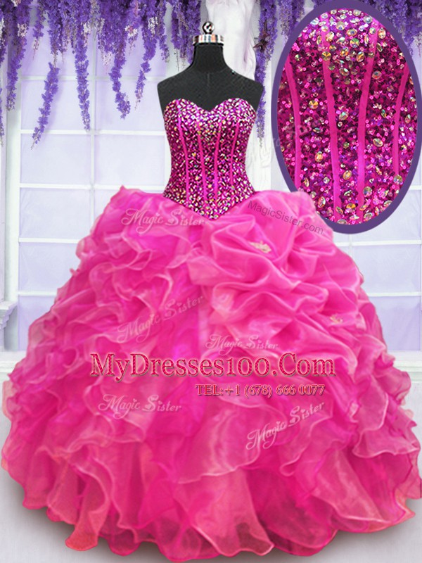 Nice Hot Pink Organza Lace Up Sweetheart Sleeveless Floor Length Quinceanera Dresses Beading and Ruffles