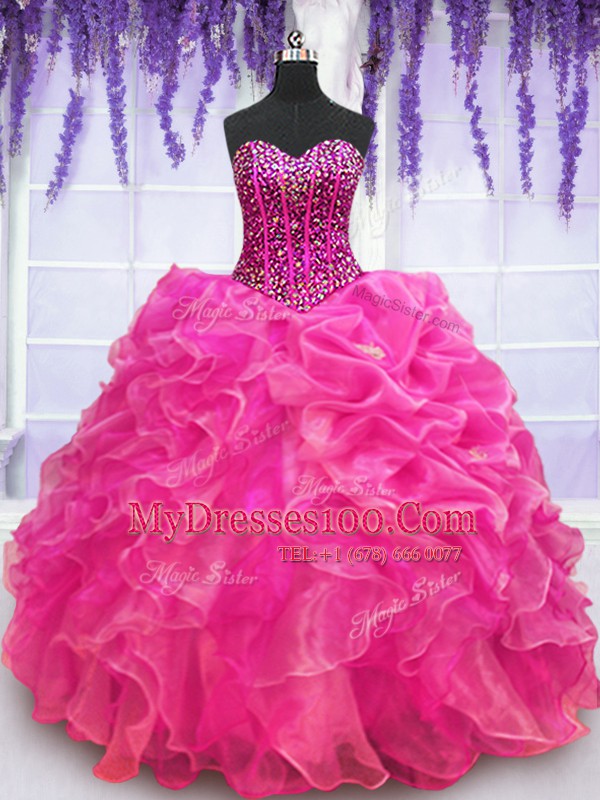 Nice Hot Pink Organza Lace Up Sweetheart Sleeveless Floor Length Quinceanera Dresses Beading and Ruffles