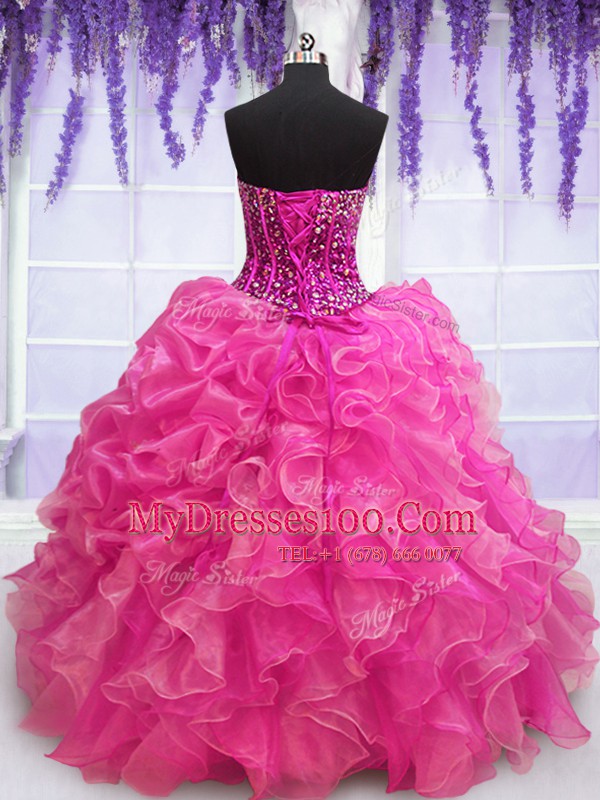 Nice Hot Pink Organza Lace Up Sweetheart Sleeveless Floor Length Quinceanera Dresses Beading and Ruffles