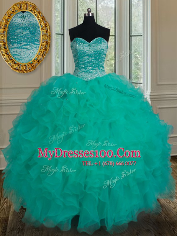 Fabulous Sweetheart Sleeveless Lace Up Vestidos de Quinceanera Turquoise Organza