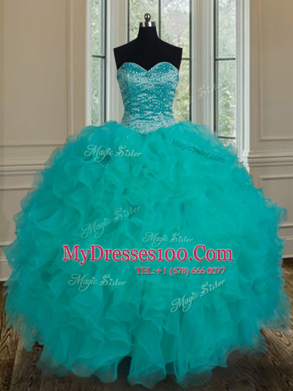 Fabulous Sweetheart Sleeveless Lace Up Vestidos de Quinceanera Turquoise Organza
