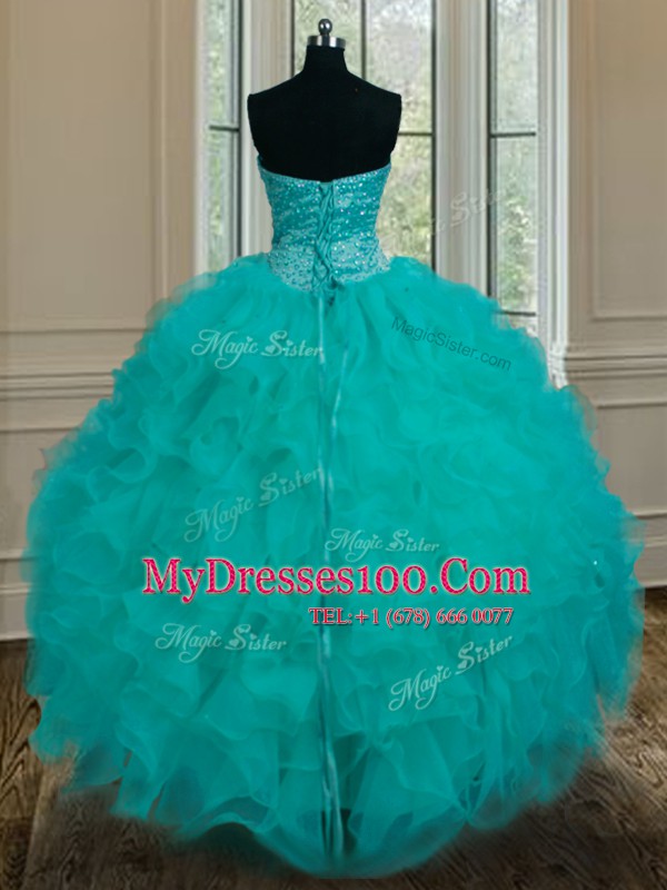 Fabulous Sweetheart Sleeveless Lace Up Vestidos de Quinceanera Turquoise Organza