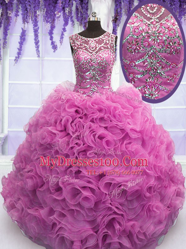 Scoop Floor Length Lilac Quinceanera Gowns Organza Sleeveless Beading and Ruffles