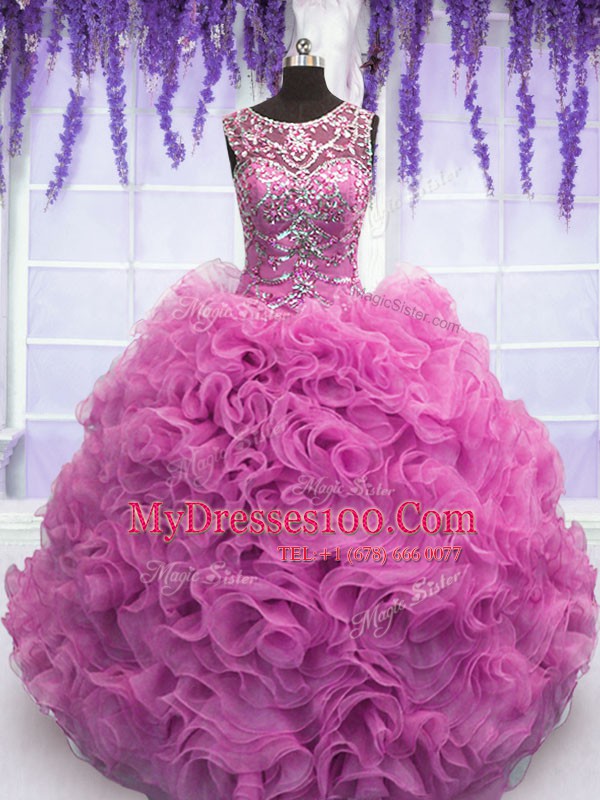 Scoop Floor Length Lilac Quinceanera Gowns Organza Sleeveless Beading and Ruffles