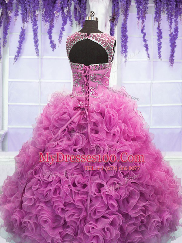 Scoop Floor Length Lilac Quinceanera Gowns Organza Sleeveless Beading and Ruffles