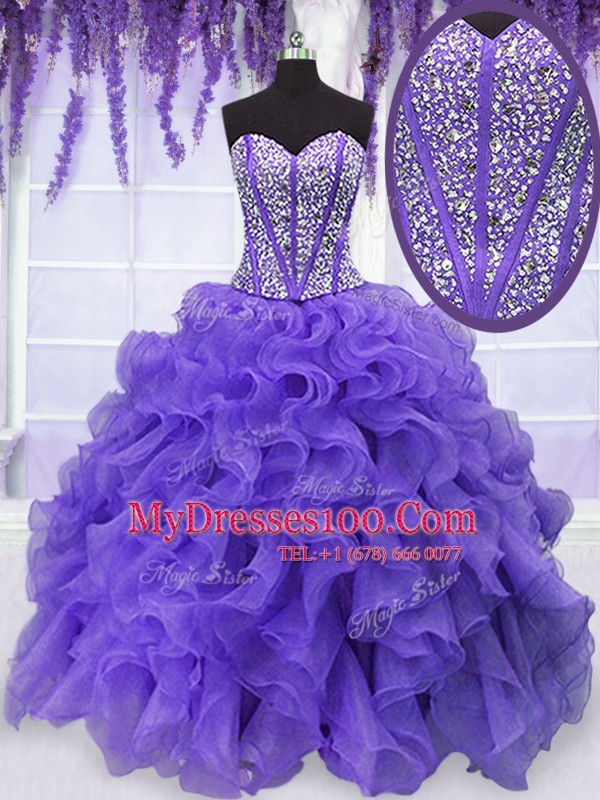 Lavender Organza Lace Up Sweetheart Sleeveless Floor Length 15th Birthday Dress Beading and Ruffles