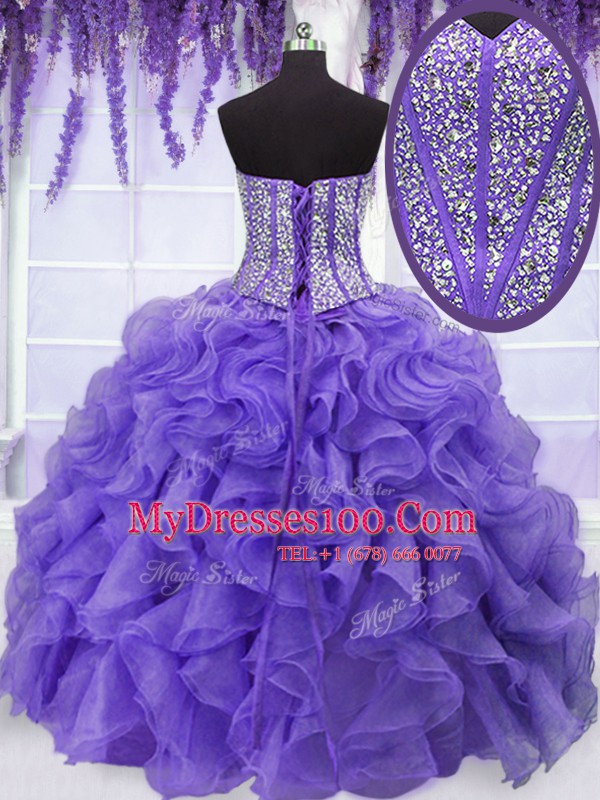 Lavender Organza Lace Up Sweetheart Sleeveless Floor Length 15th Birthday Dress Beading and Ruffles