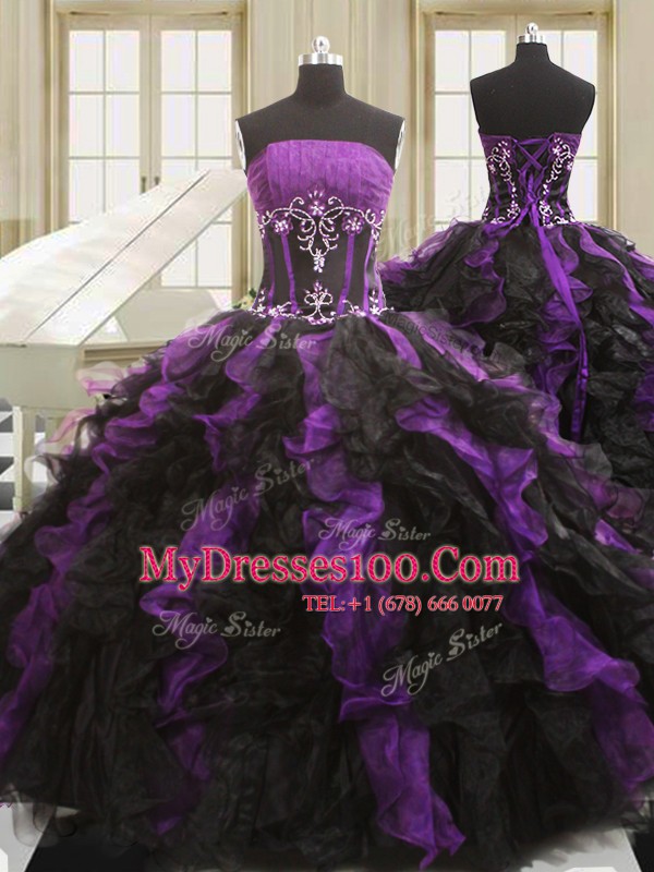Floor Length Lace Up 15th Birthday Dress Black And Purple for Military Ball and Sweet 16 and Quinceanera with Beading and Ruffles