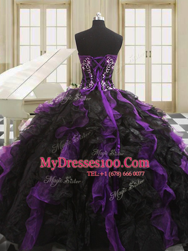 Floor Length Lace Up 15th Birthday Dress Black And Purple for Military Ball and Sweet 16 and Quinceanera with Beading and Ruffles
