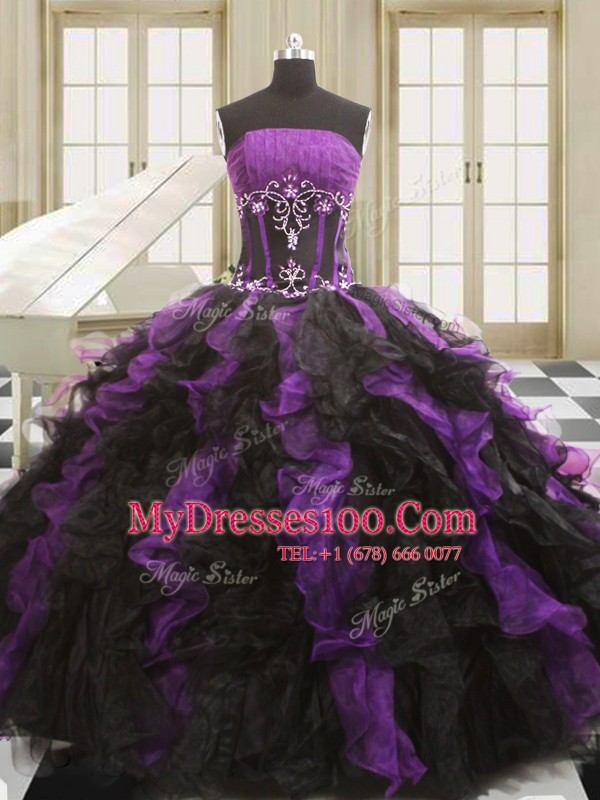 Floor Length Lace Up 15th Birthday Dress Black And Purple for Military Ball and Sweet 16 and Quinceanera with Beading and Ruffles
