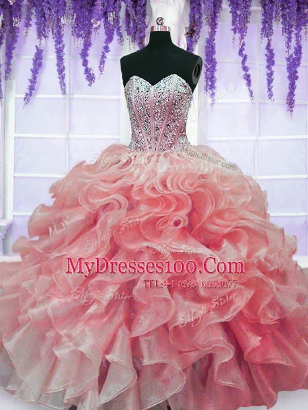 Shining Floor Length Ball Gowns Sleeveless Red Quinceanera Dress Lace Up