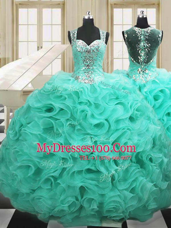 Graceful Straps Organza Sleeveless Floor Length 15 Quinceanera Dress and Beading and Ruffles