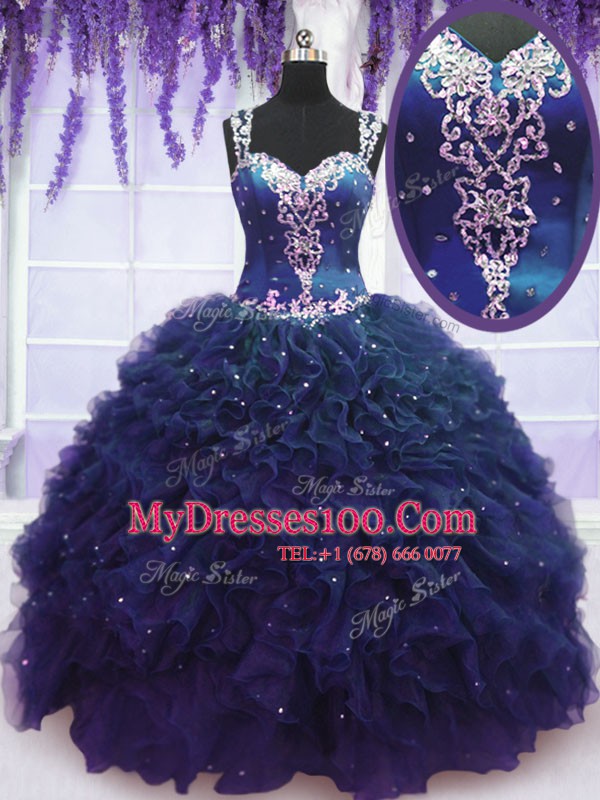 High Class Floor Length Navy Blue Quinceanera Dresses Straps Sleeveless Zipper