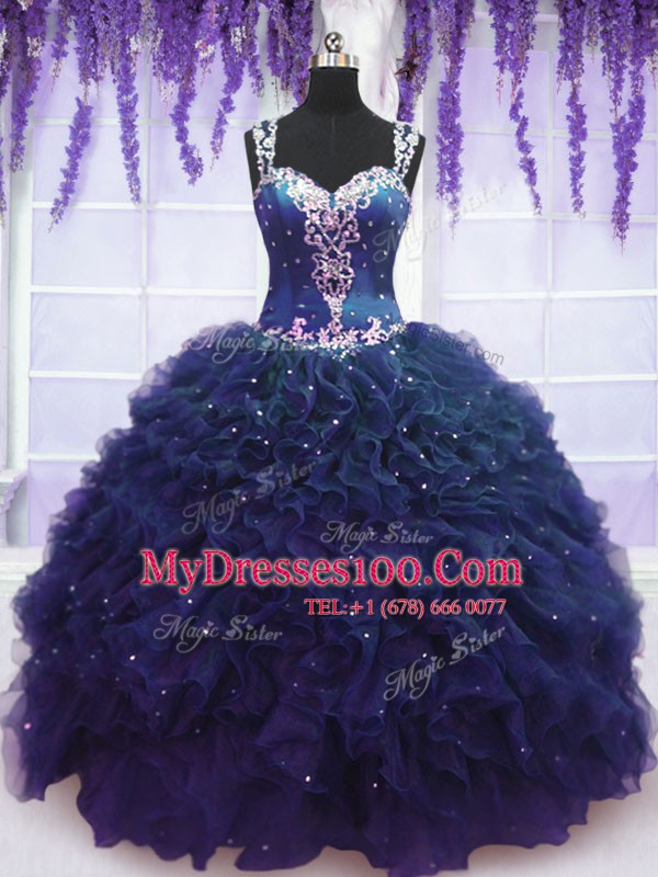 High Class Floor Length Navy Blue Quinceanera Dresses Straps Sleeveless Zipper