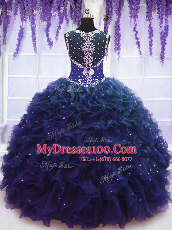 High Class Floor Length Navy Blue Quinceanera Dresses Straps Sleeveless Zipper
