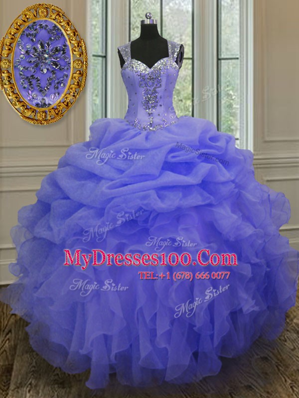 Straps Sleeveless Zipper Floor Length Beading and Ruffles Ball Gown Prom Dress