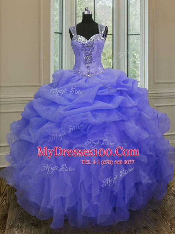 Straps Sleeveless Zipper Floor Length Beading and Ruffles Ball Gown Prom Dress